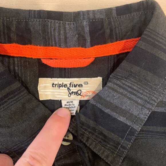 Triple Five Soul Men's Medium heavy cotton button down shirt striped pattern NWT - Picture 5 of 10